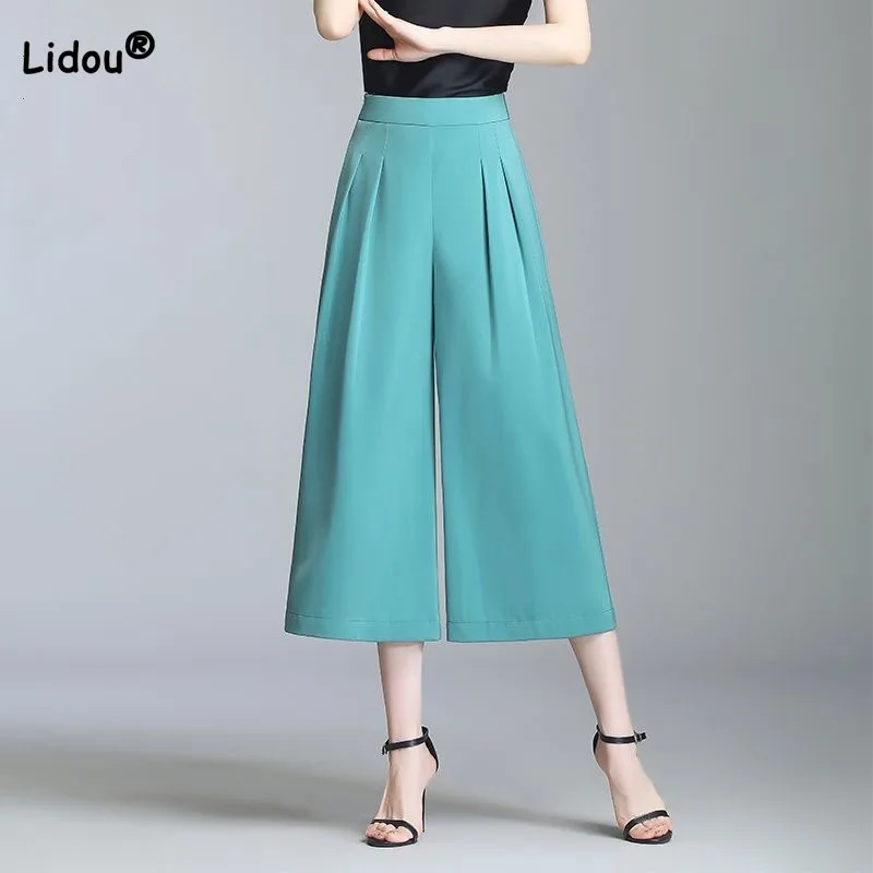 

Elegant Commute Solid Color Wide Leg Pants Women's Clothing Summer Casual All-match High Waist Fashion Loose Capri Pants Female