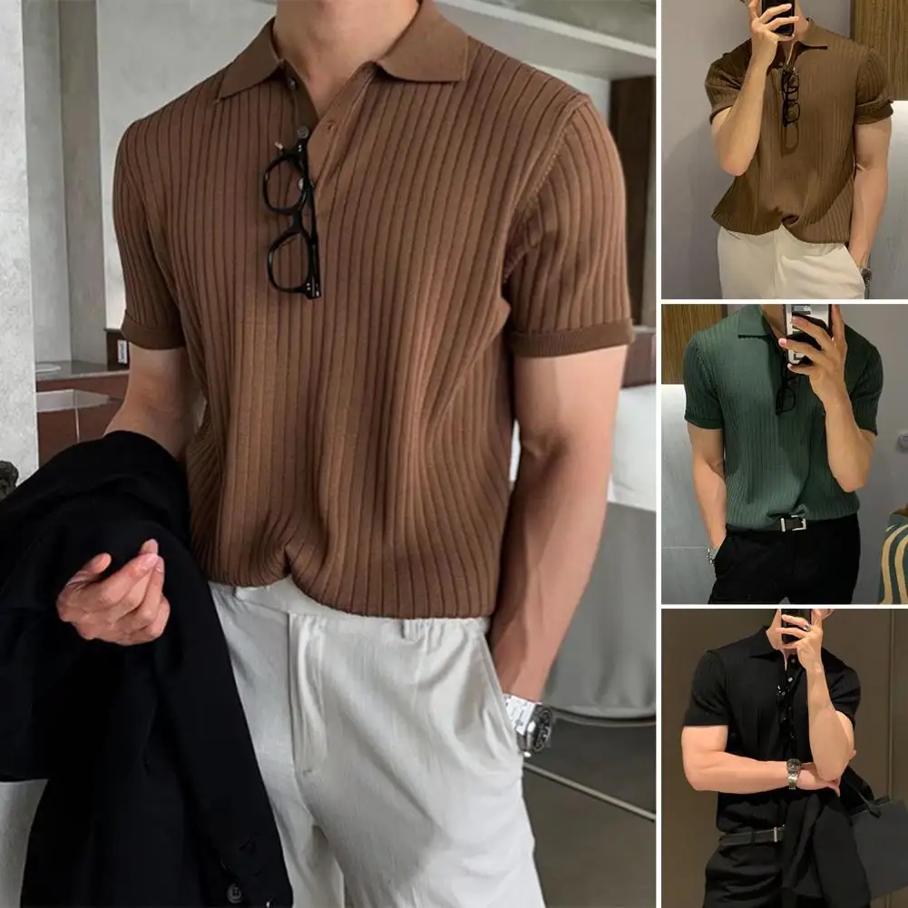 

Summer Men T-shirt Lapel Short Sleeve Buttons Half Placket Loose Solid Color Knitting Ribbed Shirt Top Streetwear