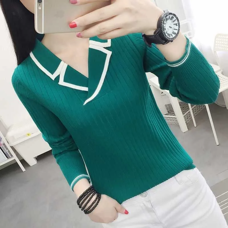 Autumn and winter style women's color-blocked long-sleeved knitted pullover, women's casual V-neck slim-fitting versatile knitte