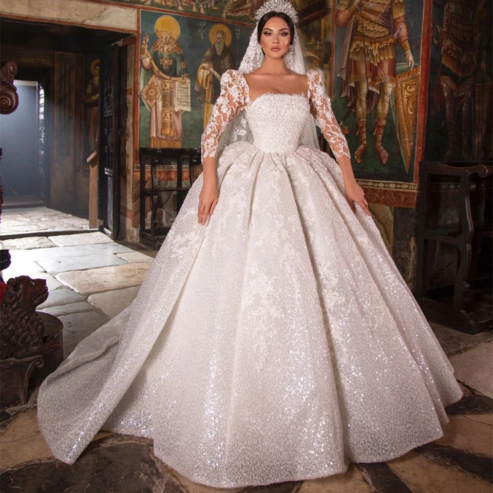 Exquisites Glitzer-Perlen-Ballkleid Dreiviertelärmel Hochzeitskleid 2026 Quadratischer Ausschnitt Illusion Brautkleider Vestidos De Novia – Detail 3