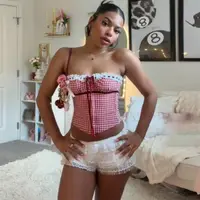Nouveau Corset Rétro en Gingham avec Dentelle pour Femme, Top Court Bustier à Bretelles Fines et Cordon de Serrage, Vêtement Décontracté pour Fête 2026 4