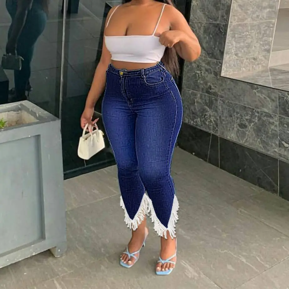 Plus Size Women Tassels Jean High Waist Stretchy Denim Trouser Lady Patchwork Pencil Pant 2023 Summer Fashion Outfit Wholesale