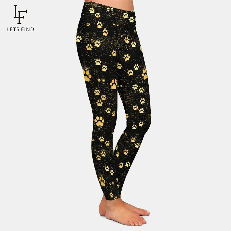 Brands Fashion High Waist Women  Black Leggings Dog Paw Pattern Casual Milk Silk Leggings Hot Sale