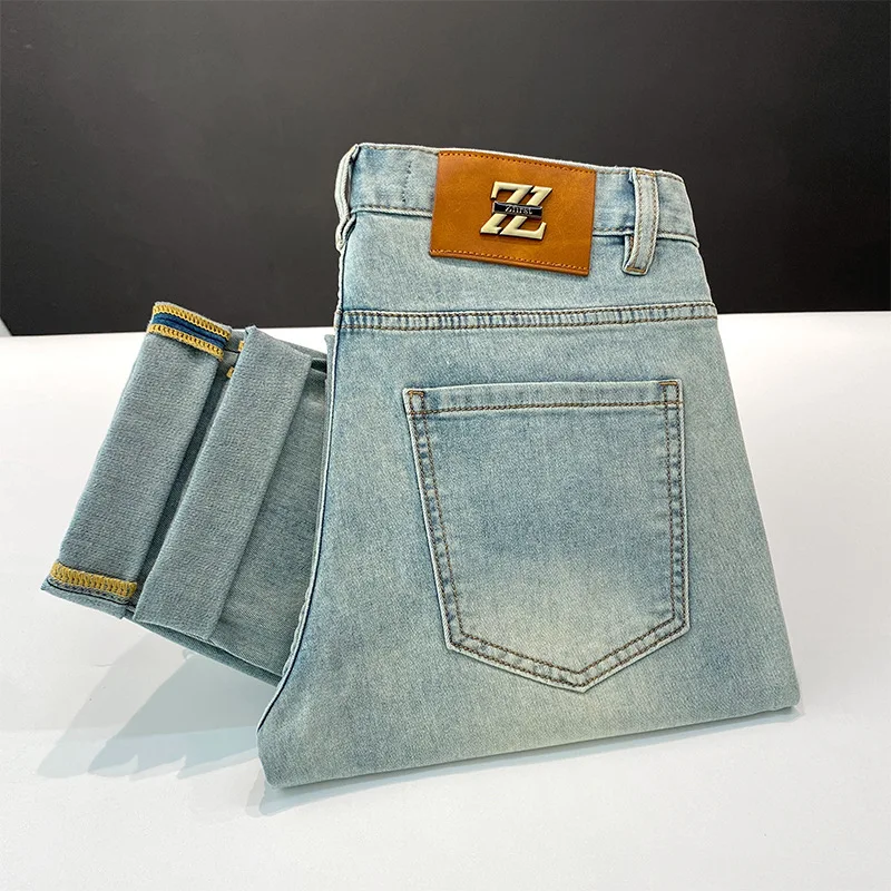 High-end affordable luxury jeans men's summer thin slim fit skinny casual all-match Street trendy retro blue stretch trousers