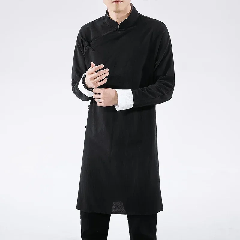 Streetwear Thin Tang Suit Coat Men Mens Linen Jacket Black Long Coat Male Hanfu Chinese Style Robe Harujuku Wind Breaker