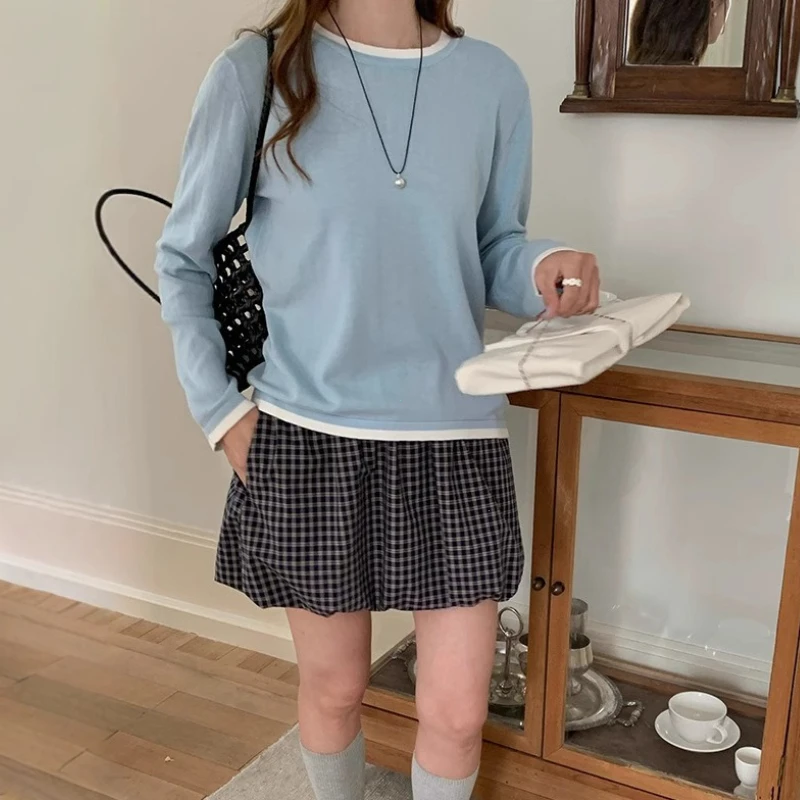 100% Cotton Women O-neck Color Blocking Long Sleeved Shirt Spring and Autumn Loose Fashionable Knitted Long Sleeves High Quality