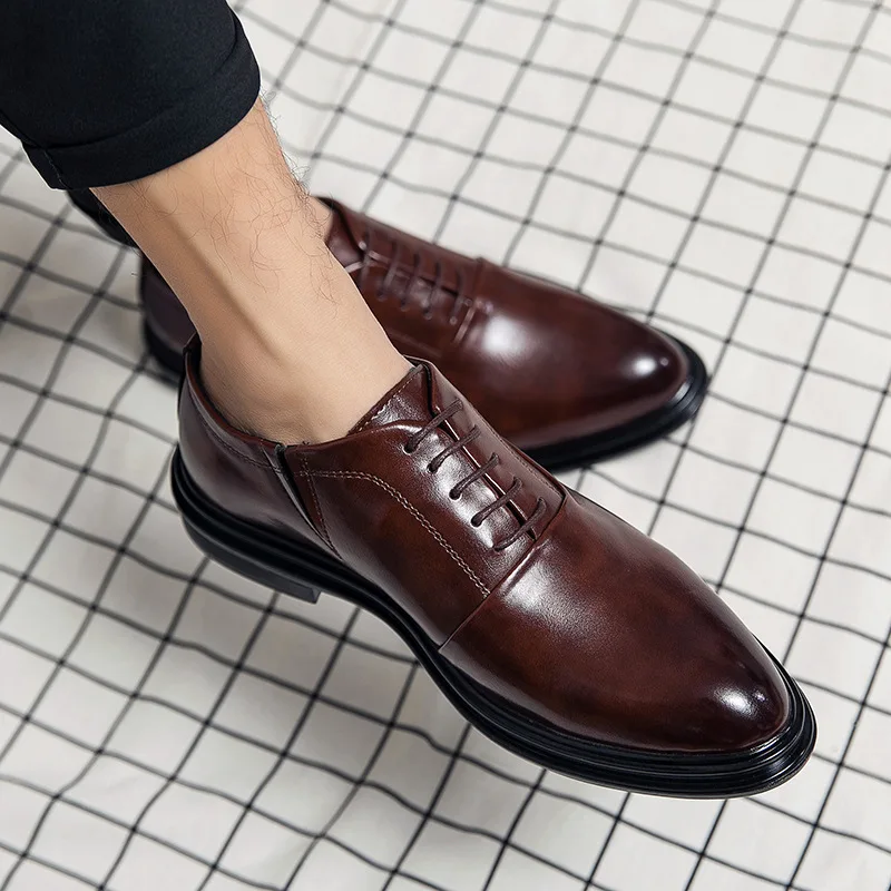 Leather Shoes Men Business Formal Autumn Men Shoes Low-top Solid Wedding Color Fashion Oxford Pointed Office