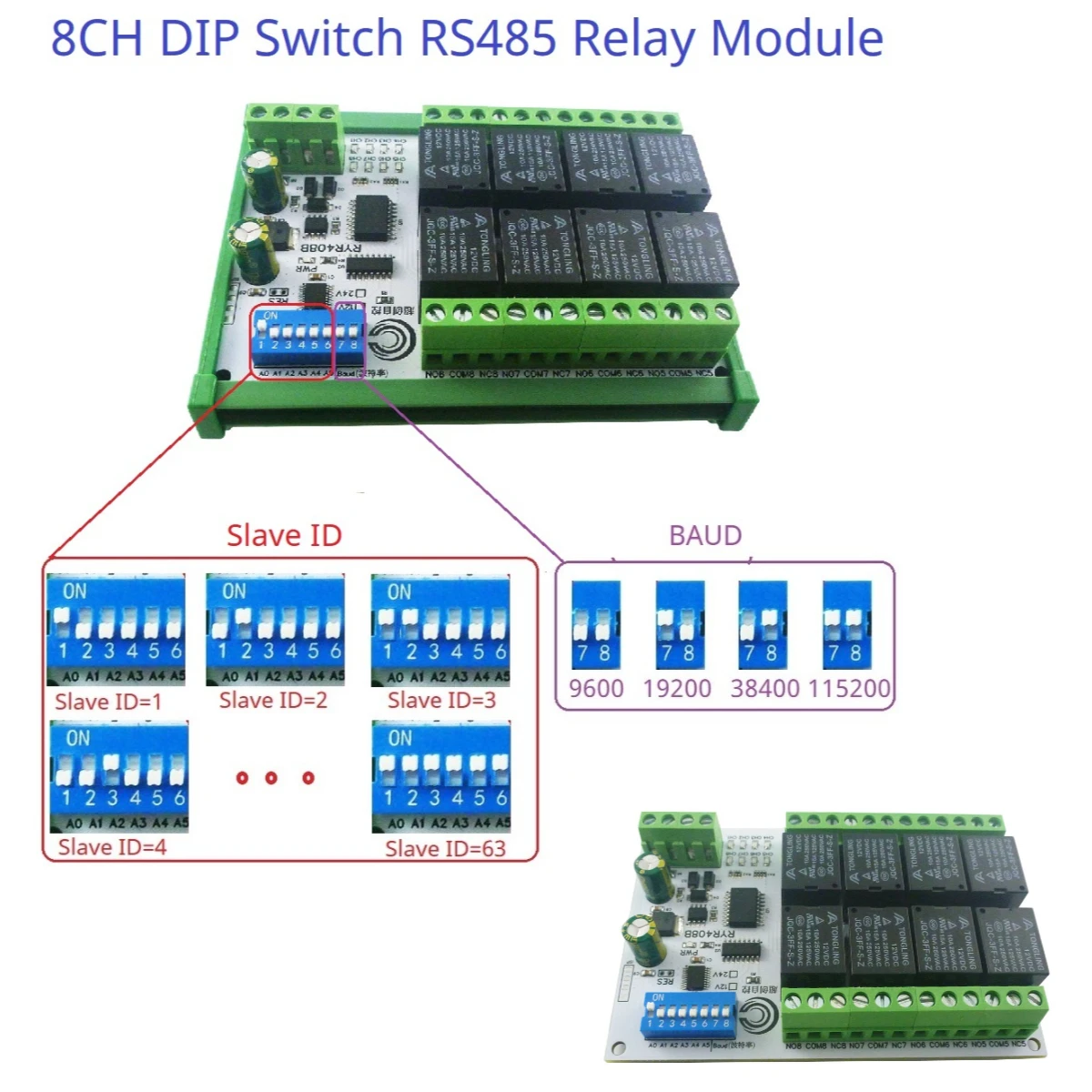 

8CH DC 12V 24V Modbus RS485 Relay Module(DIP Switch Set Parameters)