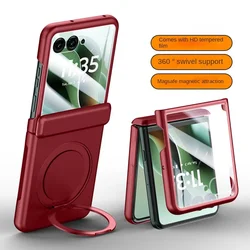 Magnetic Metal Holder Tempered Glass Protective Case with Spring Hinge Cover for Motorola Razr 60 Ultra (Red)