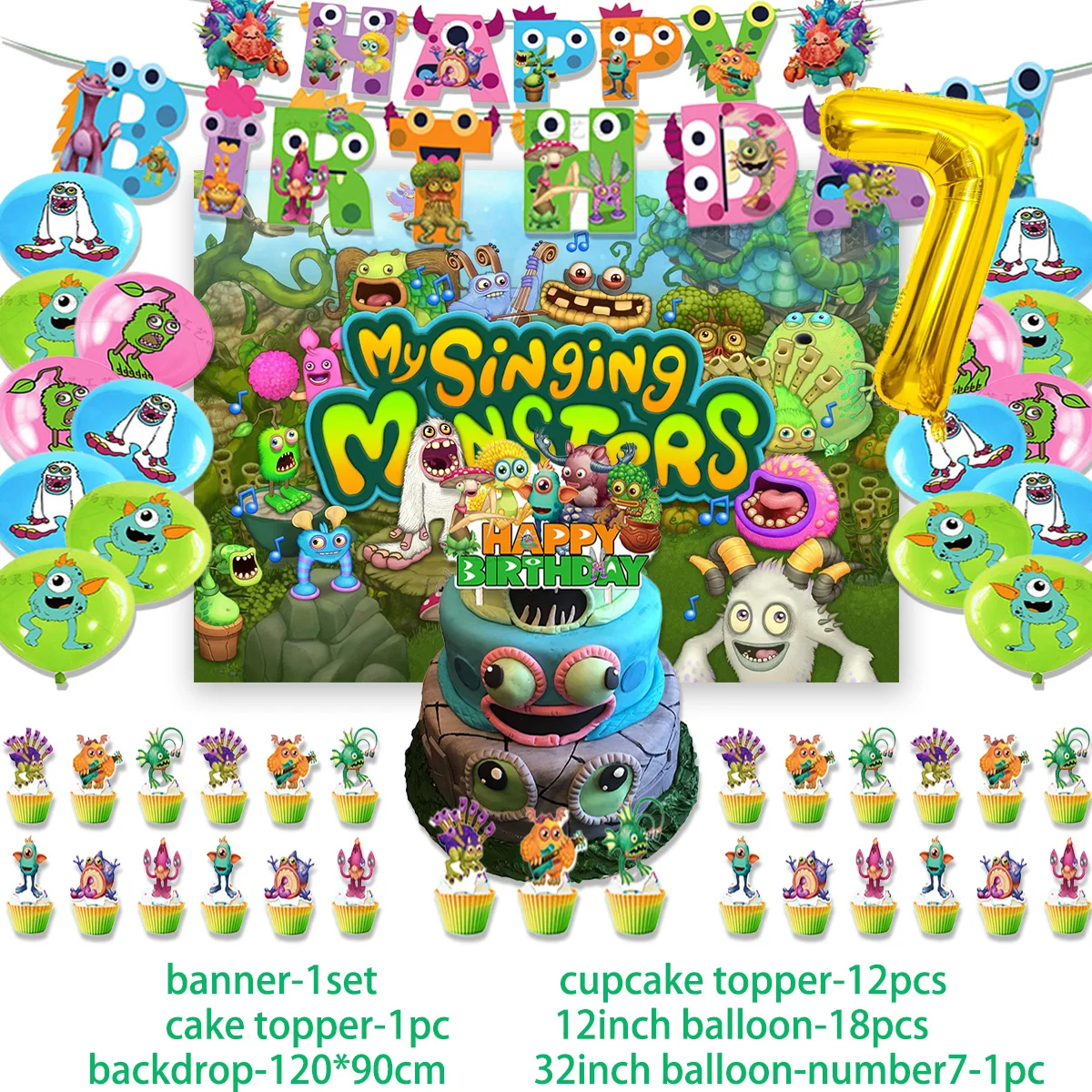My Singing Monster Geburtstagsparty-Zubehör, Dekoration, Musikspiel, Ballon-Banner, Sing Monster, Hintergrund, Kuchen-Banner, Kinder-Baby-Geschenk – Detail 5