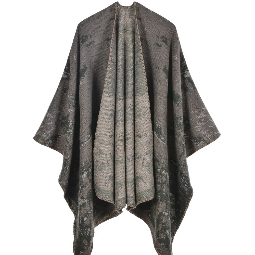 Autumn Winter Knitted Shawl Women's Warm Printing Cloak Imitation Cashmere  Poncho Lady Capes Gray Cloaks