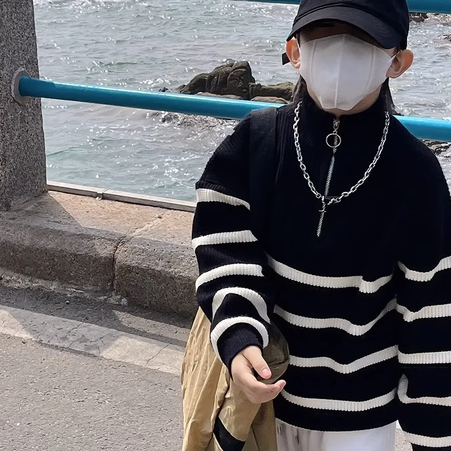 남아 가을 니트 스웨터, 세련된 트렌디 베이비 스트라이프 베이스레이어 탑, 중소 아동용, 새로운 2024 모델