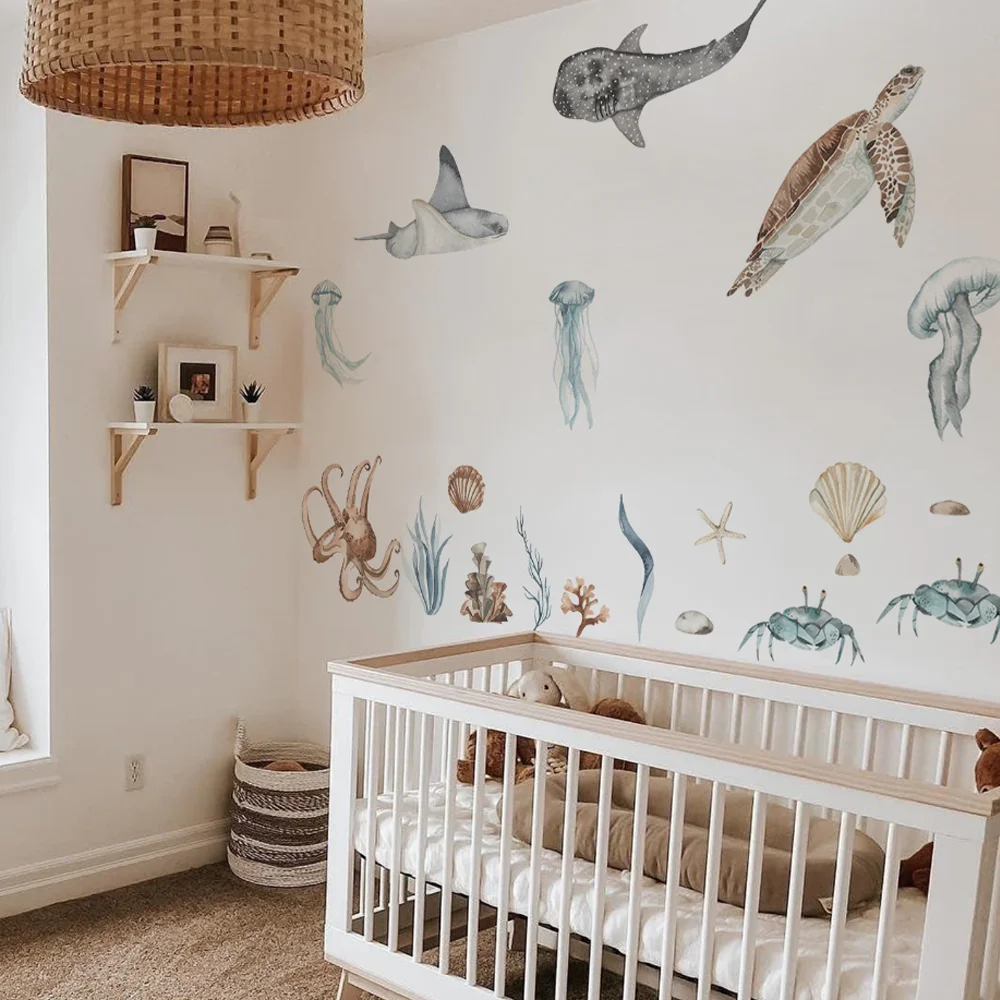 Underwater World Fish Wall Decal Sea Animals Wall Sticker Waterproof Peel&Stick for toilet Boy's Children Kids Room Home Decor wall stickers toilet stickers