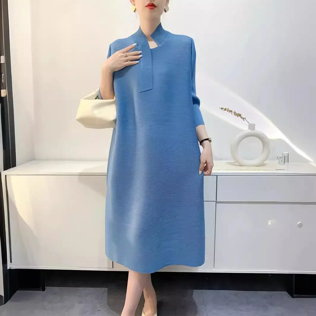 

2024 Spring Summer Miyake Pleated Original Dress Women Solid Loose Large Size Medium-length Seven-minute Sleeve Long Dress