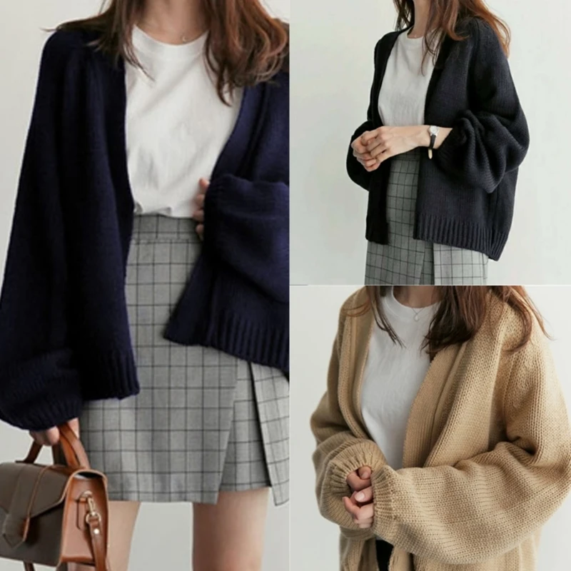Autumn Korean Knit Solid Color Cardigan Women Long Sleeve Casual Loose Open Front Short Sweater Coat Outerwear P8DB