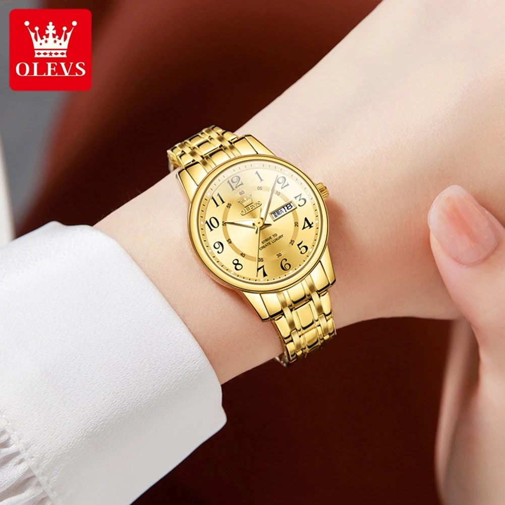 Luxury Business Golden Quartz Watch for Women Numeral Scales 30M Water Resistance Calendar Luminous Fashion Ladies Wristwatches