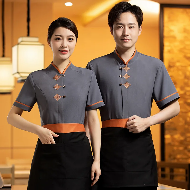 hotel work clothes autumn and winter clothing fast food restaurant restaurant hot pot tea house catering waiter long sleeve unif Chinese Restaurant Restaurant Waiter Workwear Women's Short-Sleeved Catering Hot Pot Restaurant Tea House Lobby Summer Staff Wor