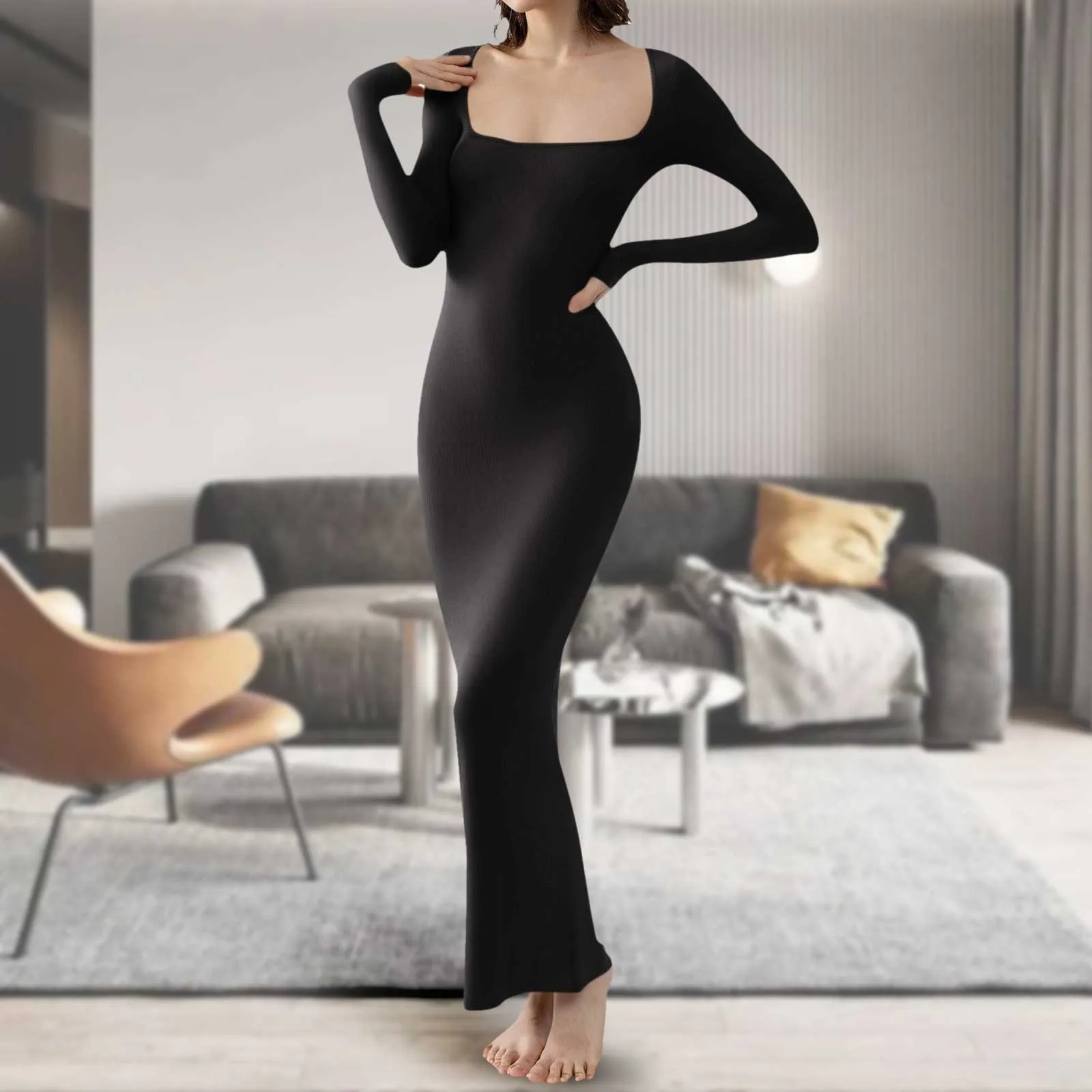 

Sexy Women Slim Maxi Dress Solid Color Square Neck Long Sleeve Bodycon Dress Elegant Ladies Long Dresses Robes Longues