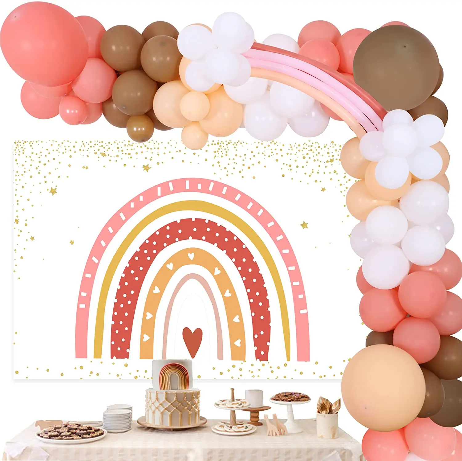JOYMEMO Boho Rainbow Party Decorations Pink Bohemian Balloon Garland Kit  Rainbow background Girls Birthday Baby Shower Supplies