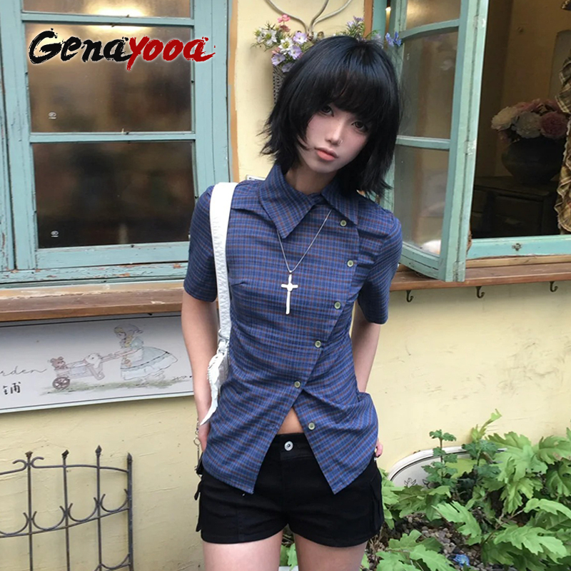Genayooa Vintage Plaid Casual Shirt Women Short Sleeve Y2k Tops Japanese 2000s Summer Shirt Irregular American Retro 90s Tshirts