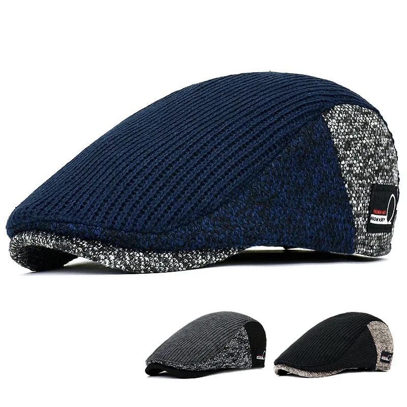 Newsboy Hat Men Thick Autumn Winter Vintage Herringbone Octagon Cap Casual knitted Berets Gatsby Flat Hat Color Matching
