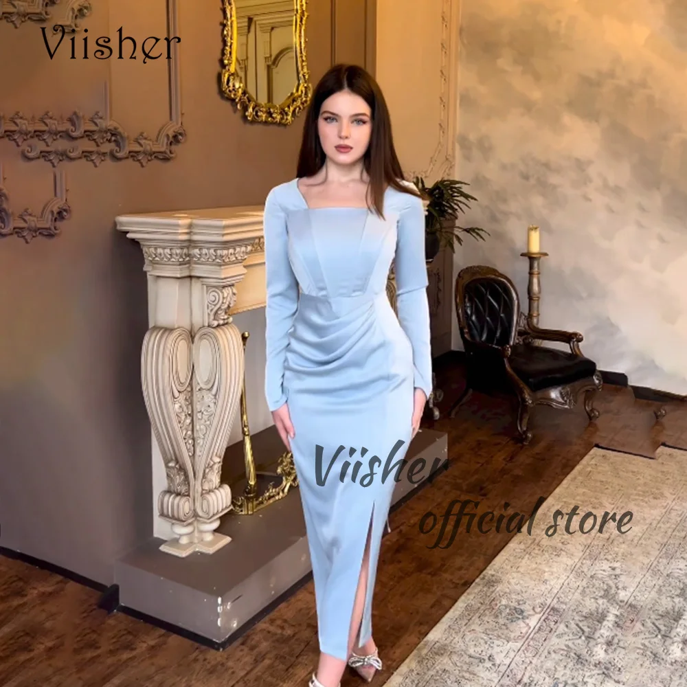 Viisher Blue Mermaid Evening Dresses with Slit Long Sleeve Square Neck Pleats Satin Formal Prom Dress Ankle Length Party Gowns