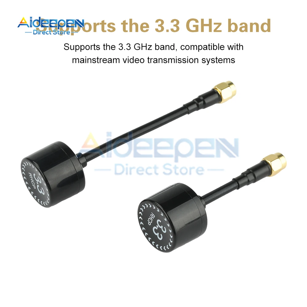 Antenne FPV ELRS 3.3GHz 4.5dBi posée sur une surface, montrant son design compact.
