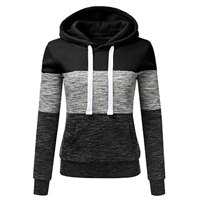 Autumn and Winter Womens Long Sleeve Fleece Pullover Hoodie Sweatshirts Color Stitching Striped Hoodies Tops