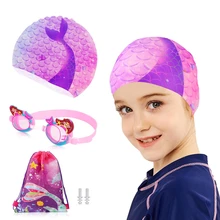 

Cute Cartoon Mermaid Swimming Cap For Girl Children Elastic Waterproof Silicone Swim Pool Cap With Swimming Goggles+Ear Plug+Bag