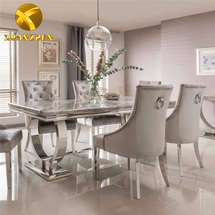 Modern Luxury Kitchen Restaurant Tables and 6 Chairs Sets Grey High End Marble Dining Table Set for Home