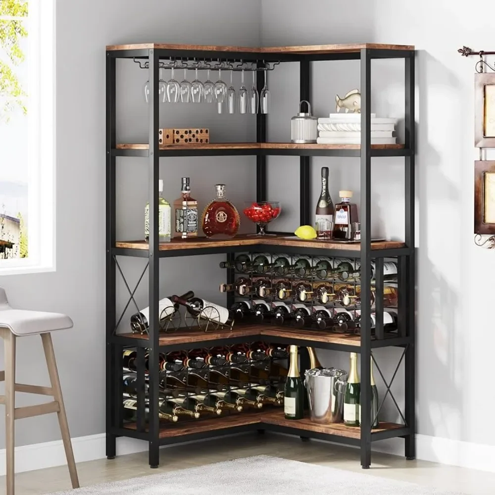 

5-Tier L Shaped Industrial Freestanding Floor Bar Cabinets for Liquor and Glasses Storage Wine Glass Large Corner Wine Rack Home