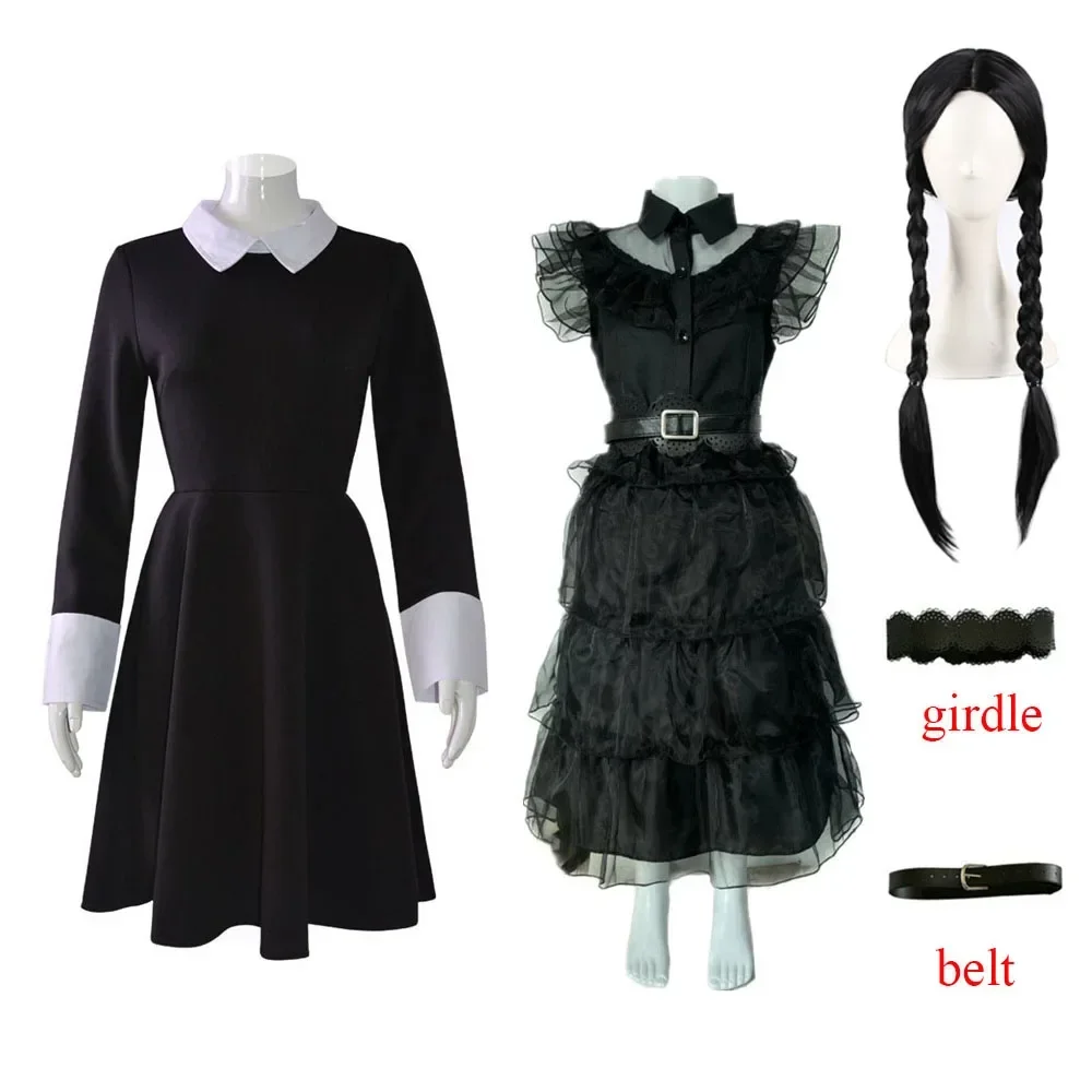 

WedAddams Cosplay Costume Women Black Dress Wig Full Set Kids Girls Role Play Gothic Dress Suit Halloween Carnival Party