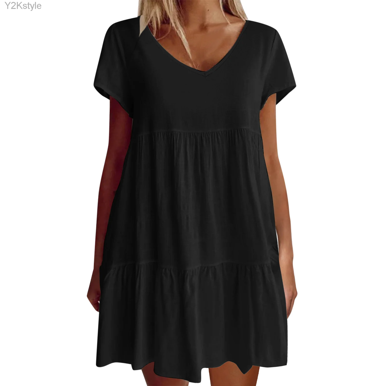 

Women Summer Solid Color V T-Shirt Dress Loose Casual Short Sleeve Summer Tunic Short Flowy Swing Black Dress 2023 Robe
