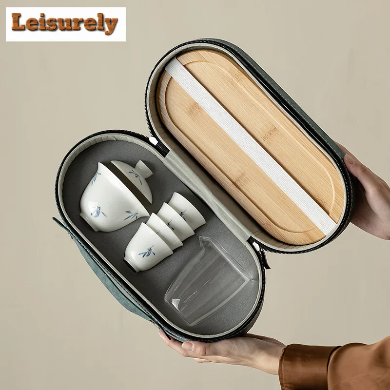 Hand Painted Butterfly Orchid Travel Tea Set Kit Aesthetic 1 Pot 4 Cups Tea Making Glass Tea Pitcher Portable Tote Bag Supplies