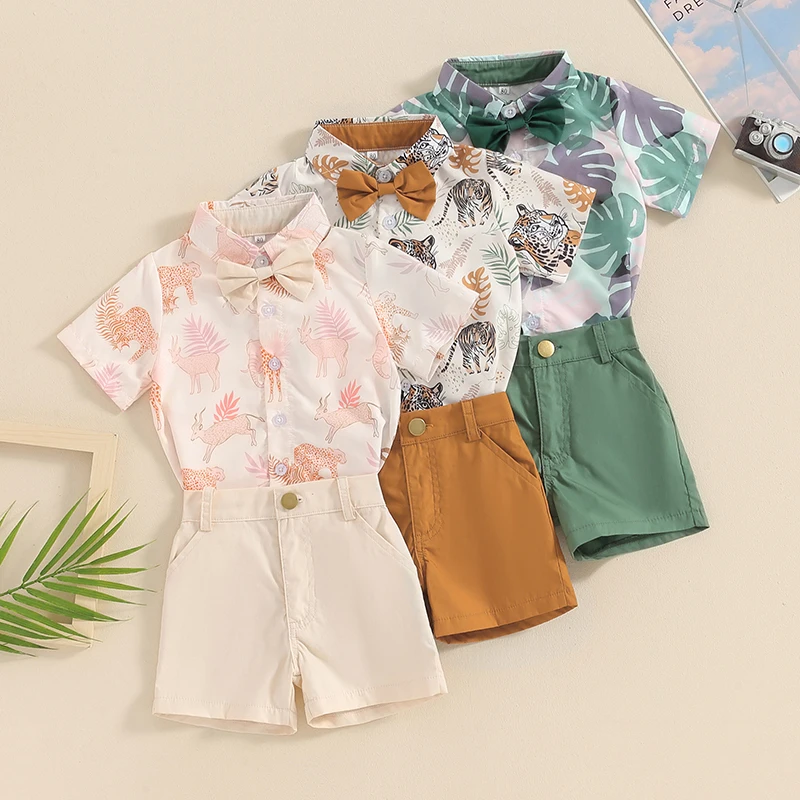 

2024-03-06 Lioraitiin 6M-4Y Summer Baby Kids Boys Shorts Set Short Sleeve Leaves Deer Tiger Print Shirt with Shorts Outfit