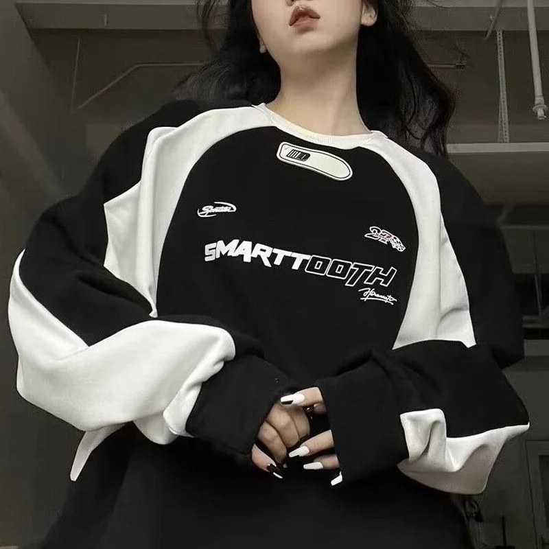 

MUXI Y2k Retro High Street Women's Hoodie Loose Long Sleeved O-neck Hippie Letter Printed Patchwork Top Pullover