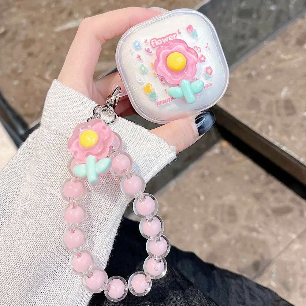 Floral 3D Flower Transparent Earphone Case with Beaded Bracelet