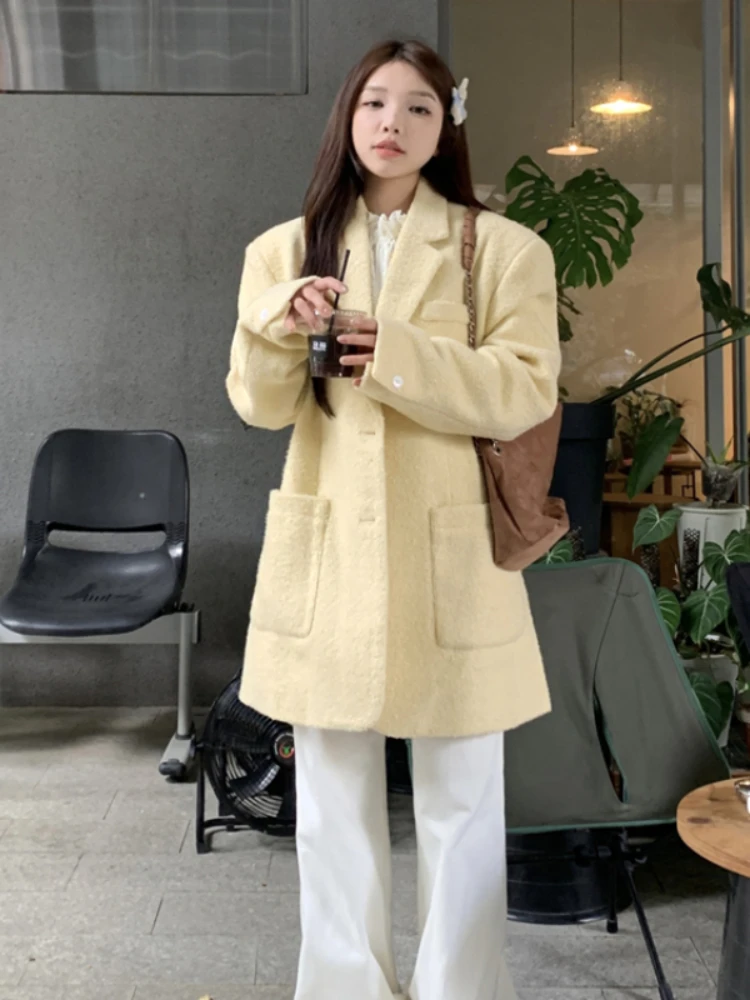 

UNXX Woman Autumn/winter Vintage Casual Loose Solid Color Woolen Blazers Jacket Commuter Single-breasted Suit Collar Woolen Coat