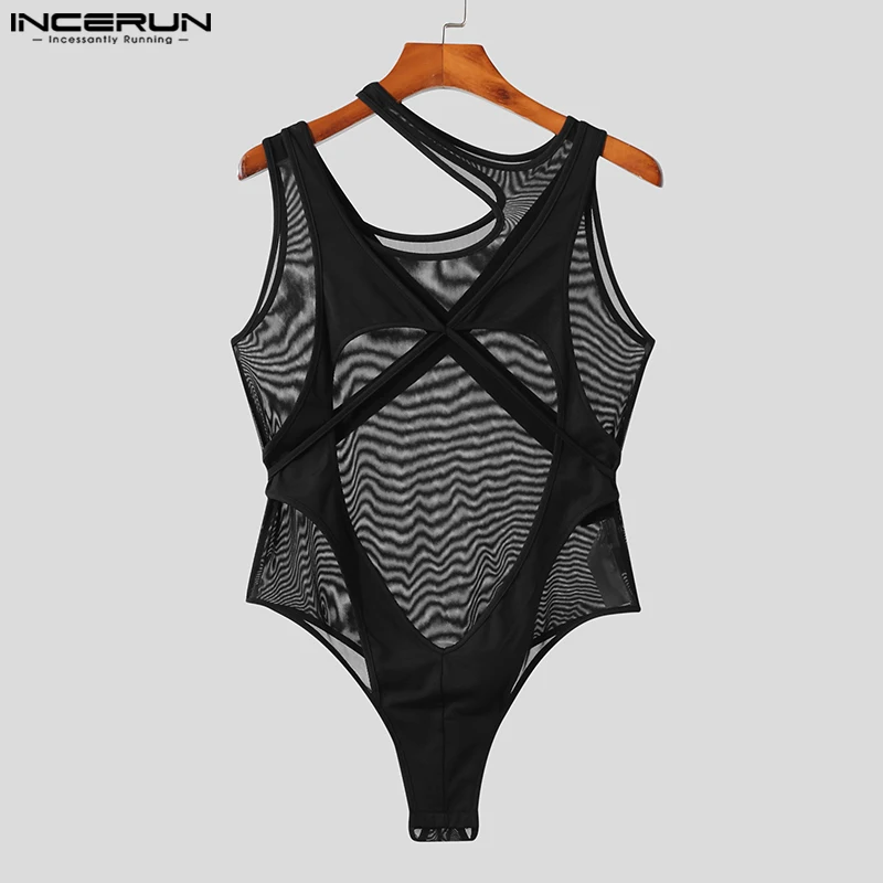 Fashion Casual Style Mens Homewear INCERUN Hollow Design Bodysuits Sexy Male See-through Thin Two Piece Triangle Jumpsuits S-5XL