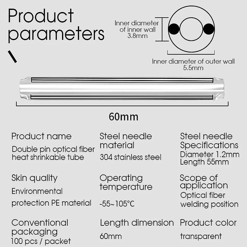 60MM Optical Fiber Heat Shrink Tubing FTTH Double Needle Coarse Pipe Leather Fiber Optic Cable Hot Melt Fusion Splice Sleeve