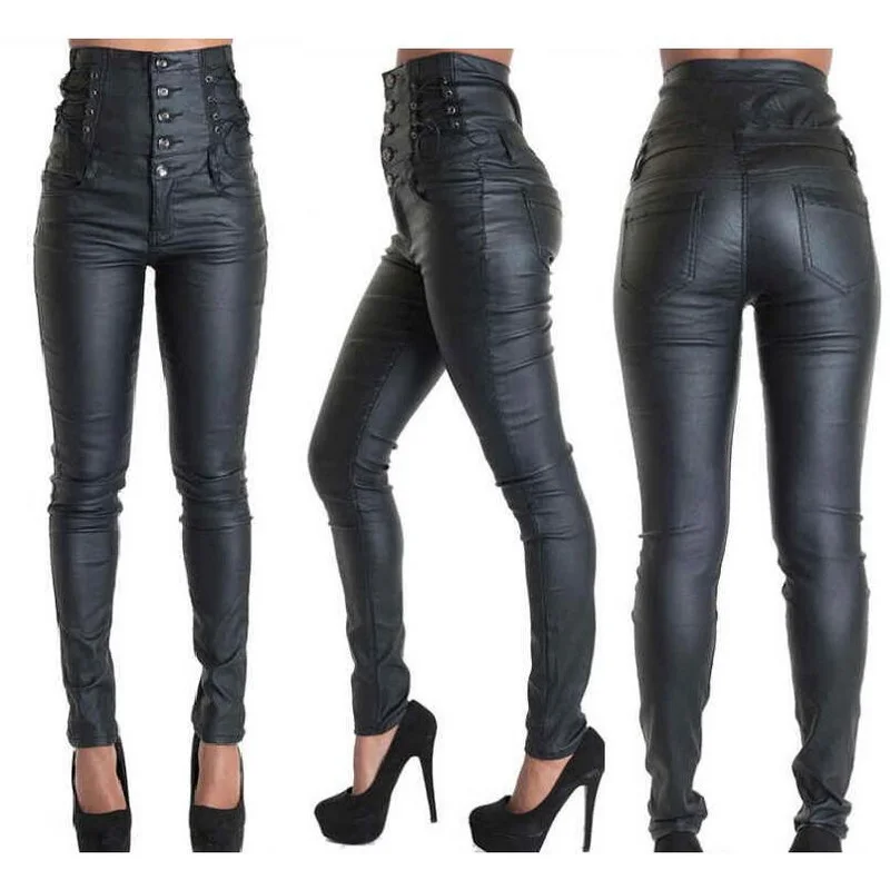 

Women's Leggings High Waisted Buckle Strap Decorative Coating Faux Leather Pants Elastic PU Pencil Pants