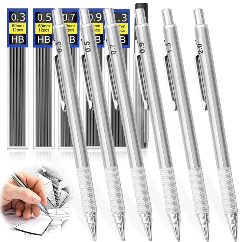 

Full Metal Mechanical Pencil Set Automatic Pencil with Leads 0.3 0.5 0.7 0.9 1.3 2.0mm HB Lead Refills for Drawing Writing