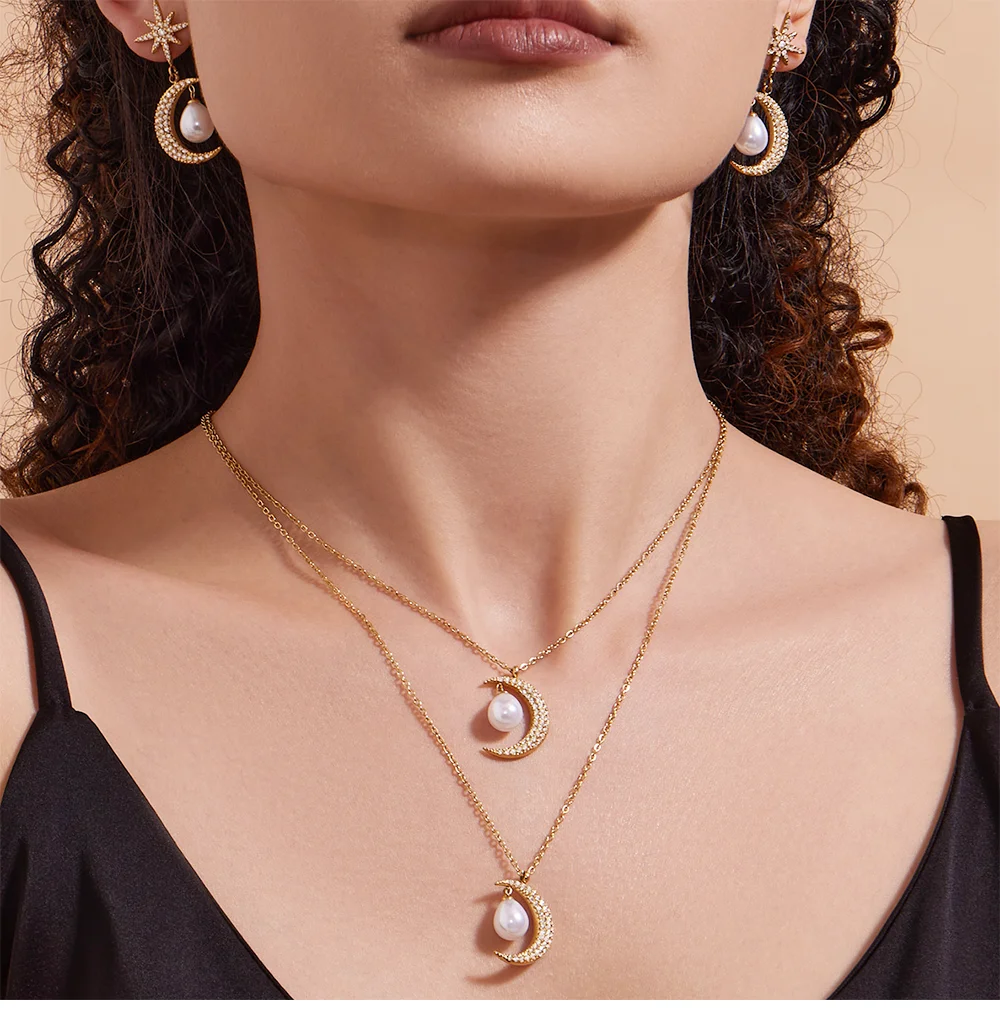 Elegante Imitation Perle Mond Anhänger Halskette Für Frauen Edelstahl Vergoldet Glänzenden Zirkon Tropfen Ohrringe Luxus Schmuck – Detail 5