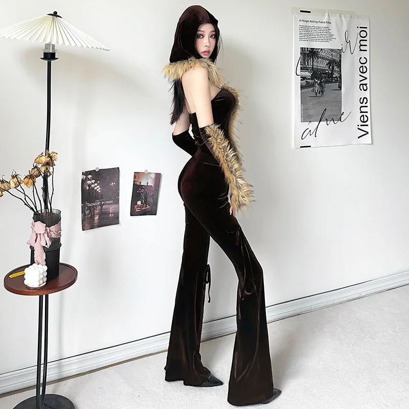 Women Slim Hipster 2 Piece Set Faux Fur Spliced Backless Sleeve Covers Crop Top High Waist Lace Up Flare Pants Streetwear Outfit