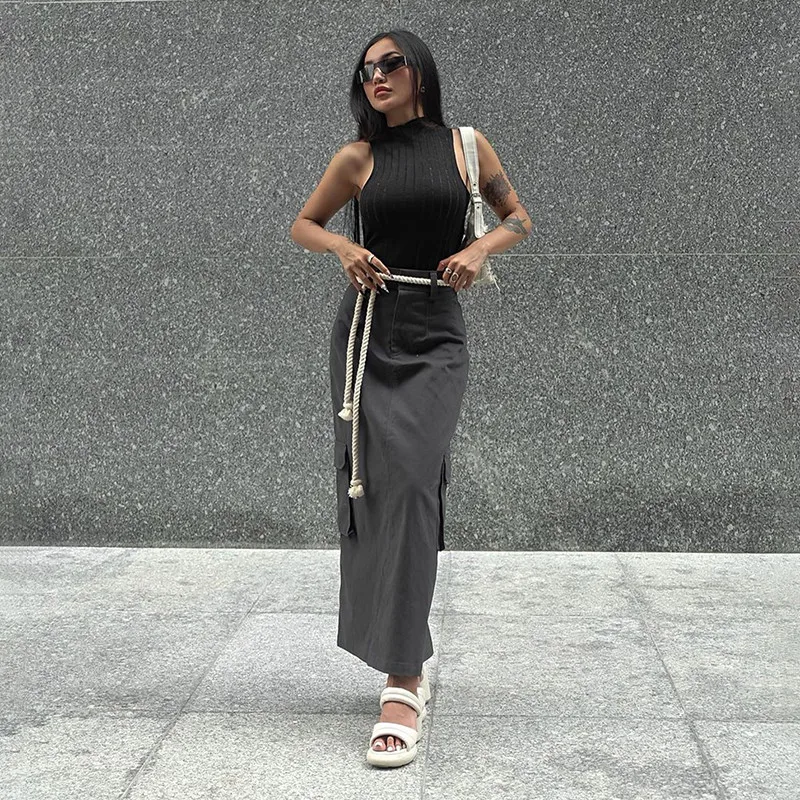 여성용 섹시한 미드 카프 스커트, 단추 캐주얼 솔리드 파티, 우아한 하이 웨이스트, 그레이 스커트, 스트리트 웨어 포켓, 패션 스커트, 여름 신상