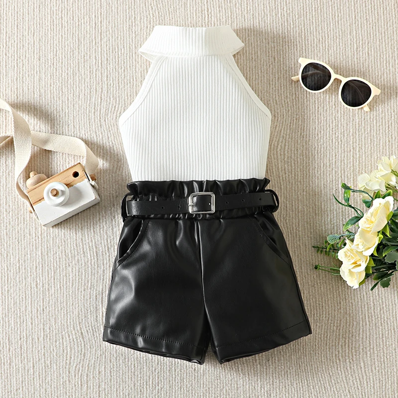 

SUNSIOM Toddler Girl Summer Clothes Set Solid Color Rib Sleeveless Stand Neck Vest + High Waist Leather Shorts with Belt