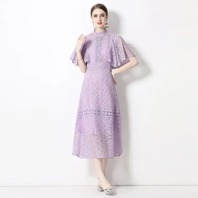 

Summer Runway Embroidery Hollow Out Purple Lace Dresses Women's Stand Collar Bawting Sleeve Evening Party Vestidos N6917