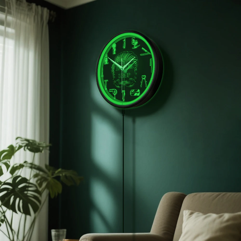 Barber Shop Red Neon Logo Metal Frame Wall Clock for Man Cave Barbering Business Sign Flexible Flex illuminated Neon Wall Clock