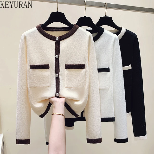 Black White Korean Style Cropped Cardigan Women 2022 Spring Vintage Long  Sleeve Sweater Jacket Elegant Crew Neck Knitted Tops - AliExpress