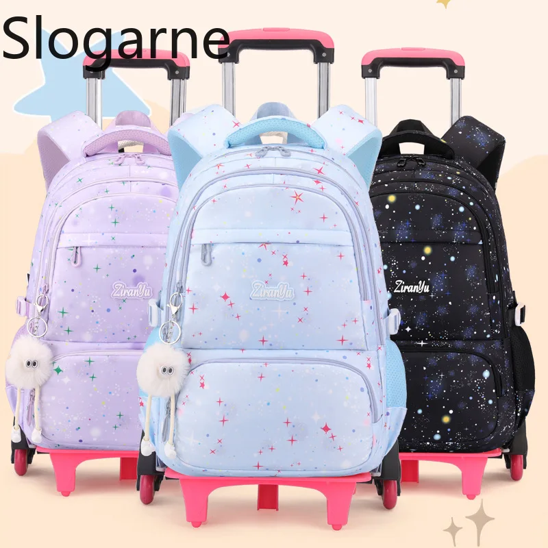 Children Brand New Wheeled Bag Students Tie Rod Schoolbag 6 Wheels School Bag Kids Waterproof Bookbags Women Trolly Backpacks 1